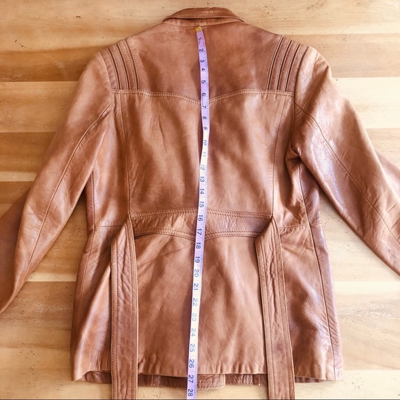 Vintage 70s Belted Leather Jacket Caramel Brown Leather Cognac Tailored Medium - Picture 15 of 16